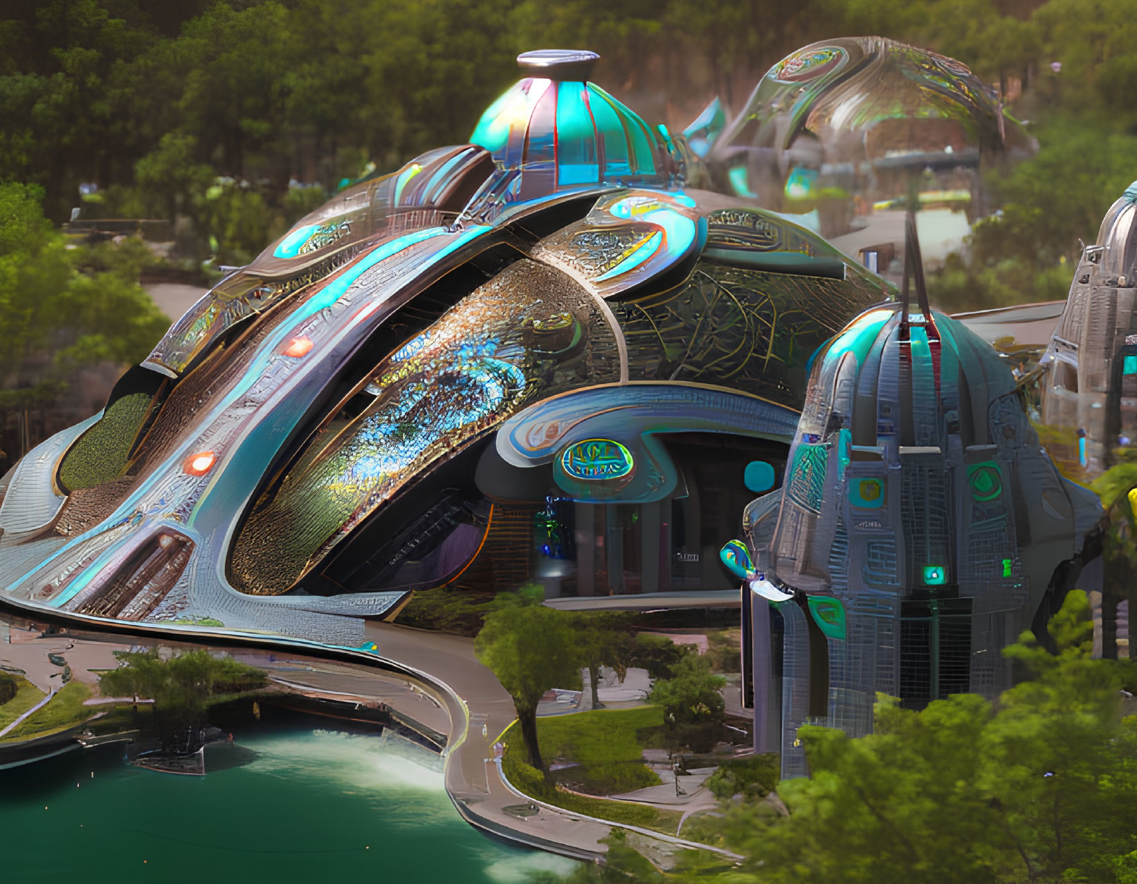 Organically shaped futuristic cityscape with transparent domes and lush greenery