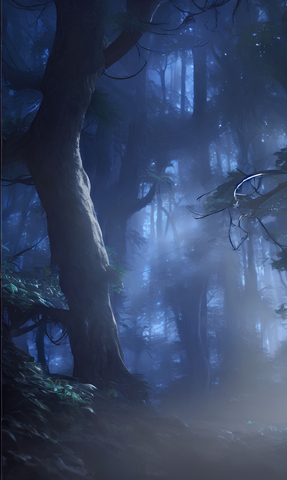 Ethereal blue forest with fog and silhouetted trees