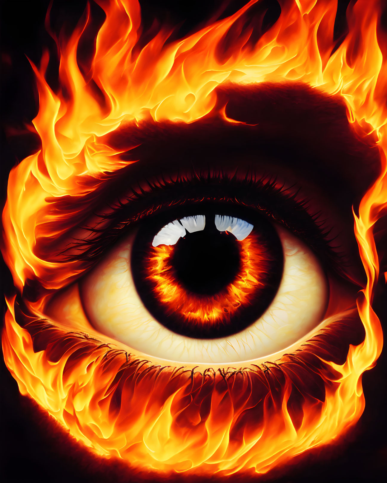 Intense orange and yellow flames surrounding a human eye illustration