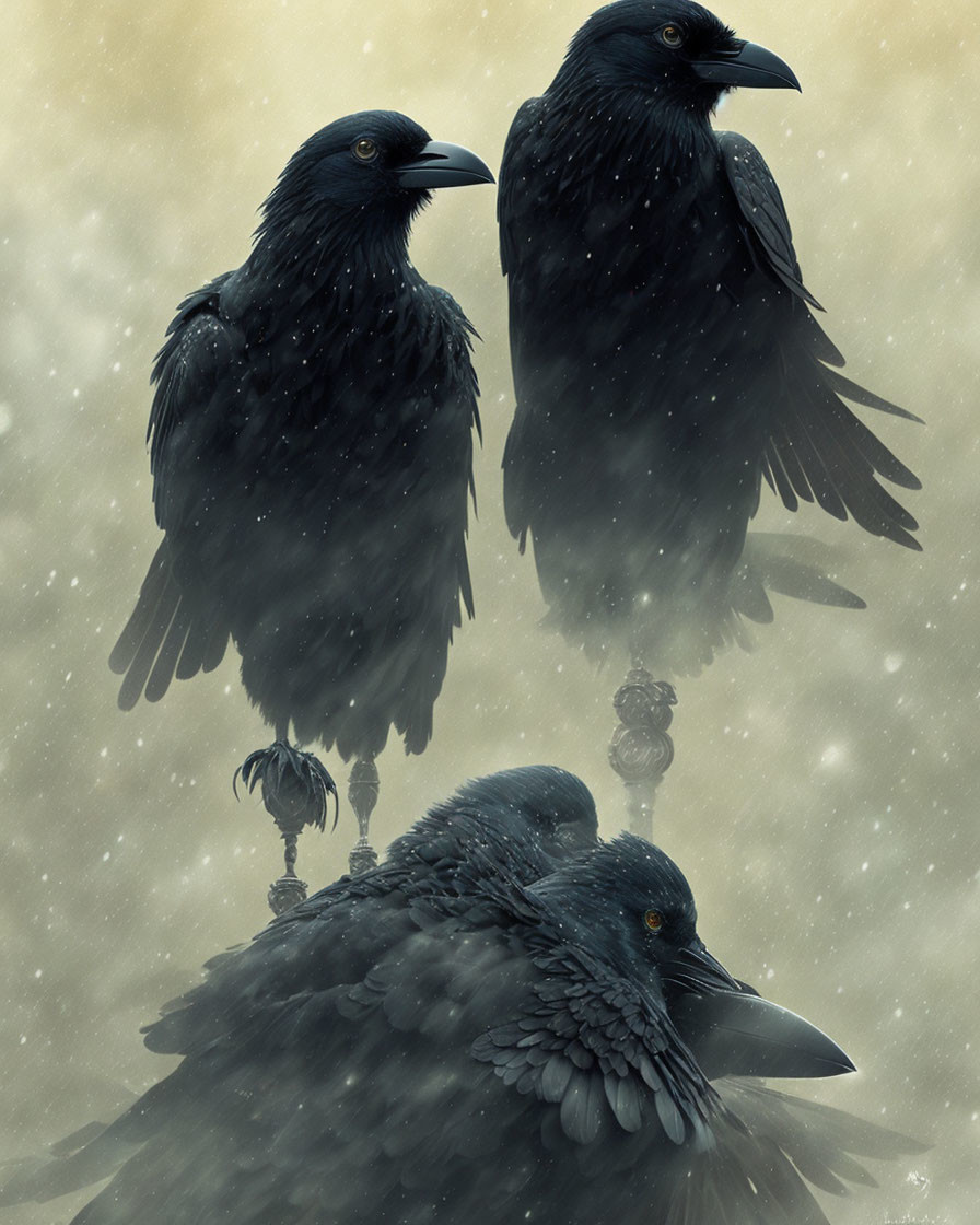 Two ravens in snowy setting, one perched, one resting.