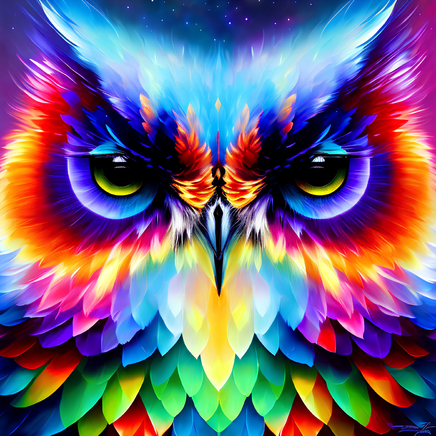 Colorful Rainbow Owl Illustration with Intense Gaze
