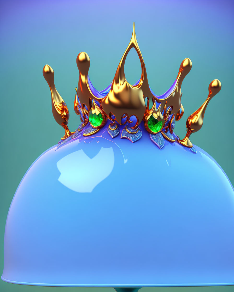 Digital golden crown with jewels melting on glossy blue surface