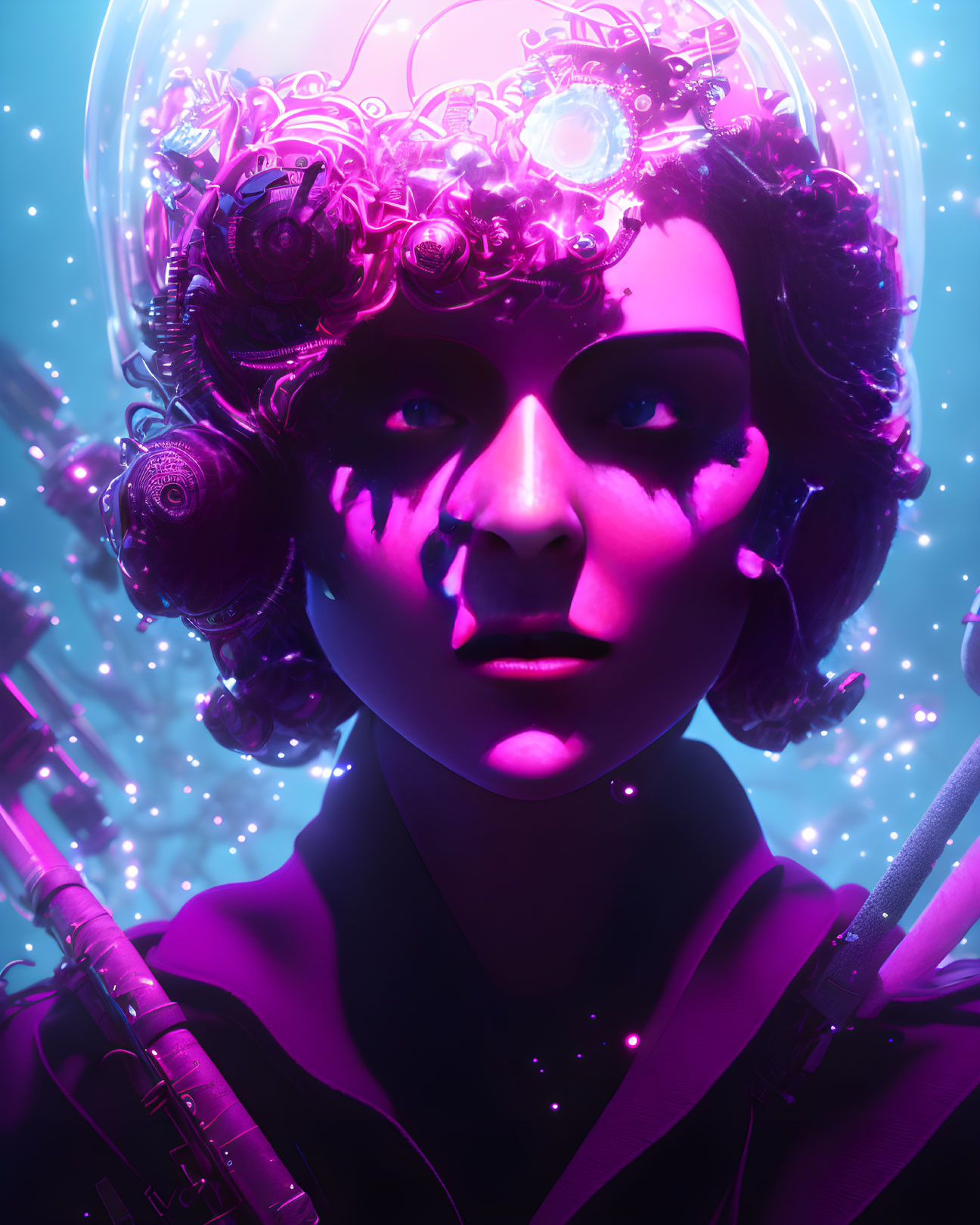 Futuristic female figure with intricate mechanical crown in neon-lit ambiance