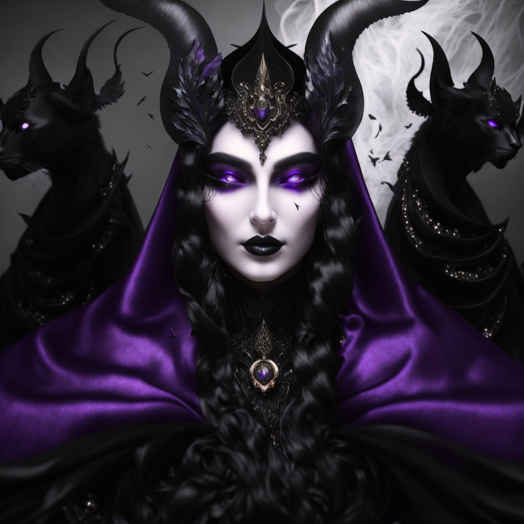 Dark queen with purple eyes and horns, cloaked in purple, surrounded by shadowy beasts