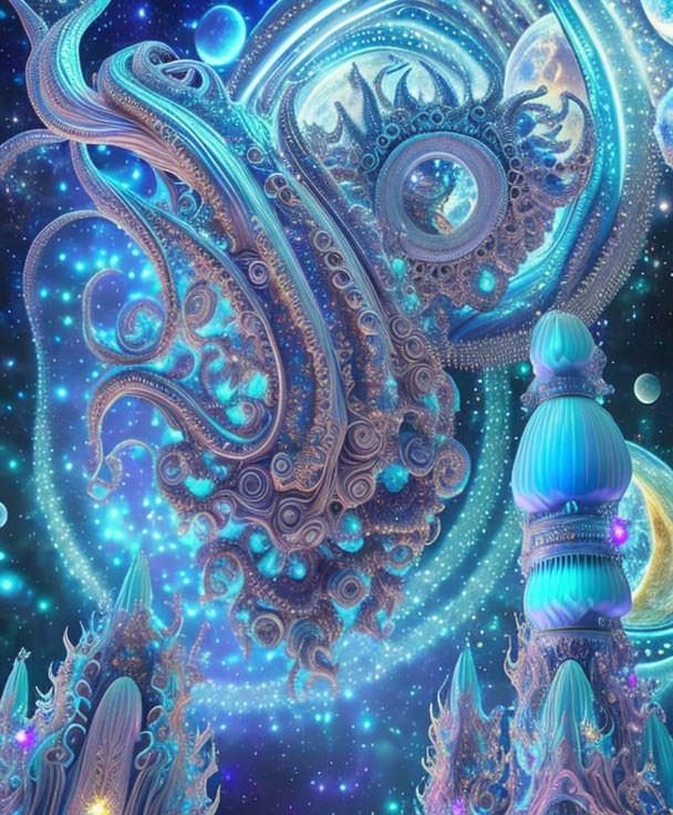 Fantastical cosmic scene with ornate structures and celestial bodies