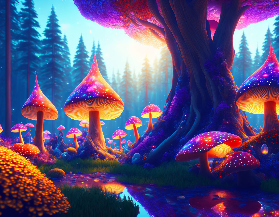 Fantasy forest with luminescent mushrooms, serene stream, mystical tree, glowing foliage, twilight sky