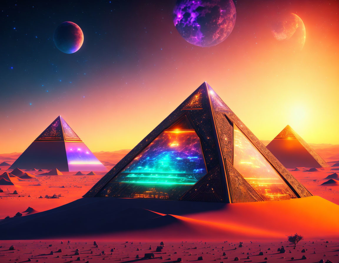 Futuristic pyramids with glowing interiors under twilight sky and three planets in desert landscape