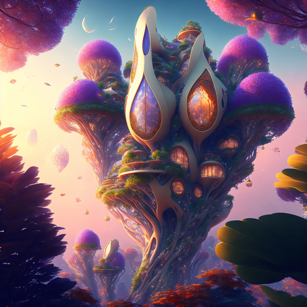 Whimsical tree with glowing purple foliage and ornate pod-like structures