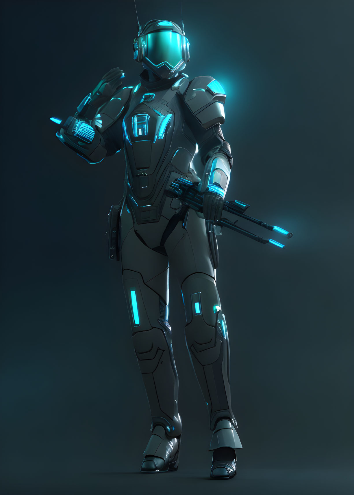 Armored futuristic figure with blue accents holding energy rifle against dark backdrop