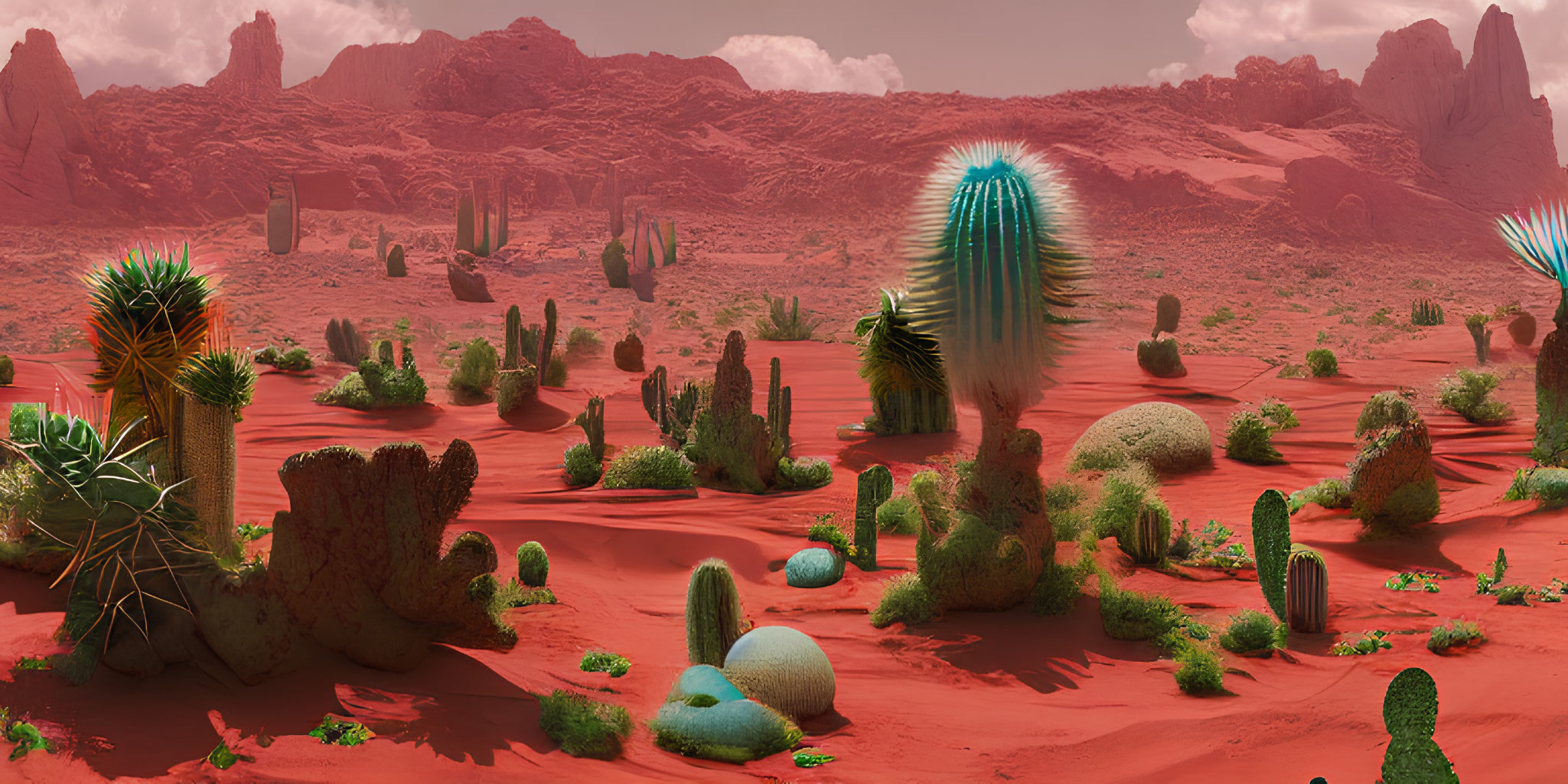 Red desert landscape with green cacti under a hazy sky