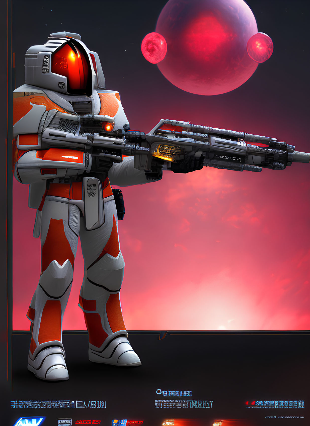 Armored astronaut with rifle in futuristic space scene