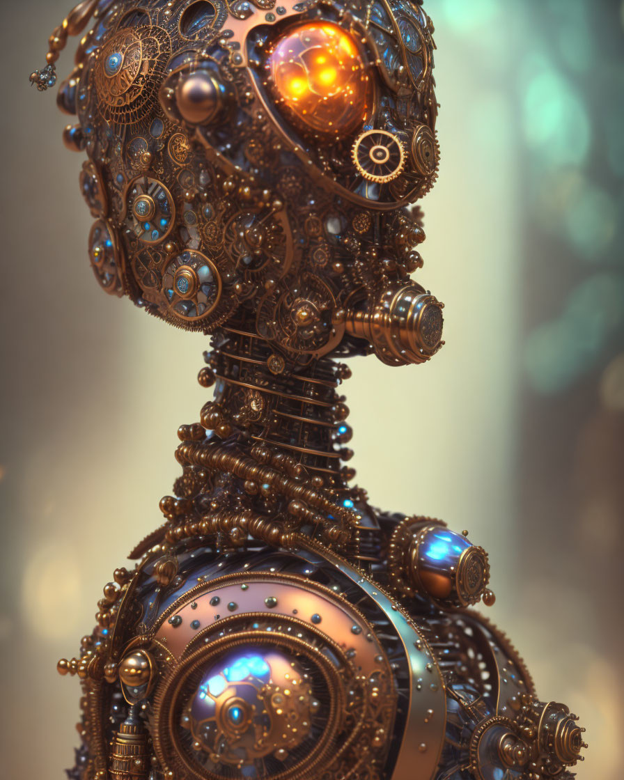 Intricate Steampunk-Style Robotic Head with Glowing Gears