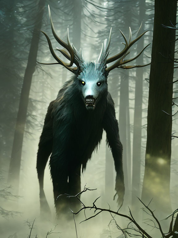 Mystical wolf creature with large antlers in foggy forest