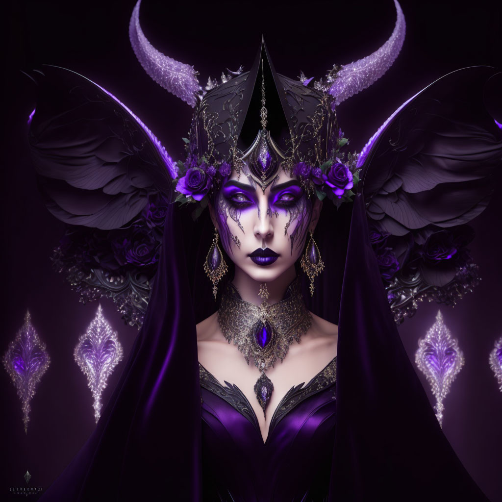 Fantasy Figure with Dark Angelic Wings and Purple Eyes surrounded by Mystical Symbols