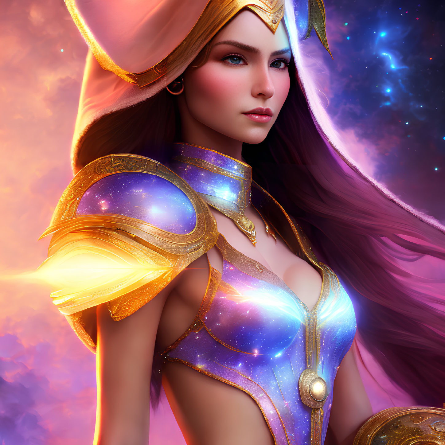 Fantasy female character with cosmic armor and purple hair.