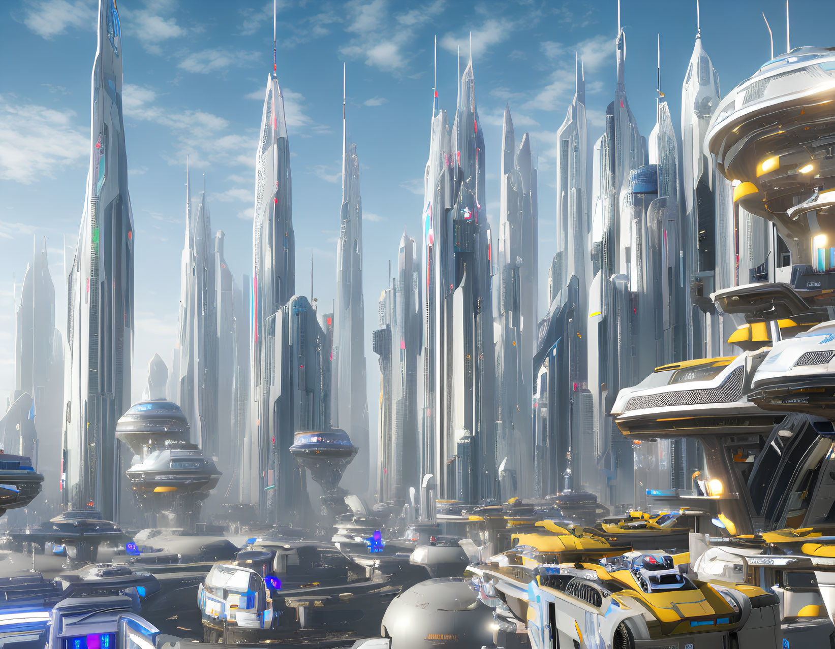 Futuristic cityscape with skyscrapers and flying vehicles