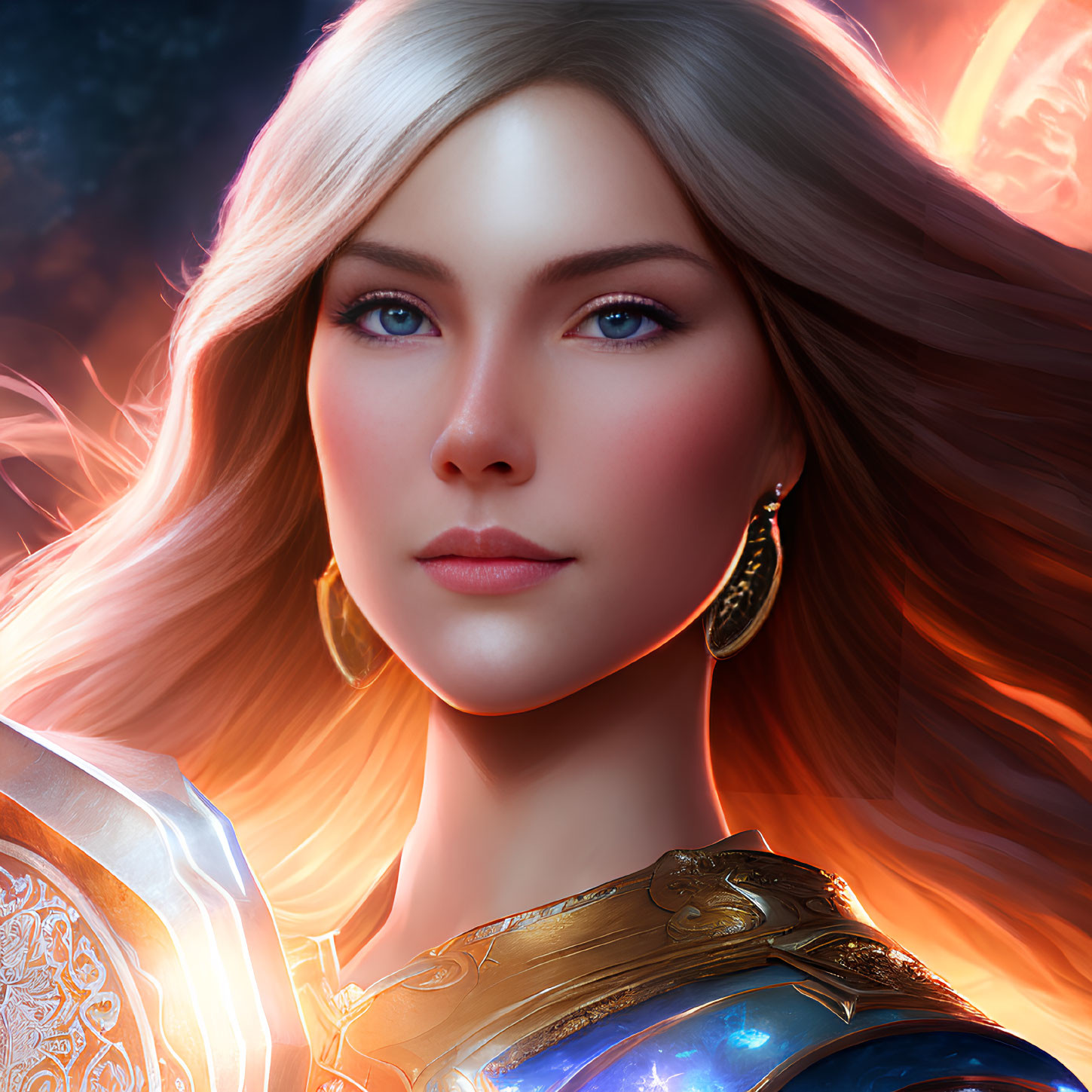 Fantasy digital artwork of a blonde female character with blue eyes in golden armor and earrings on magical background