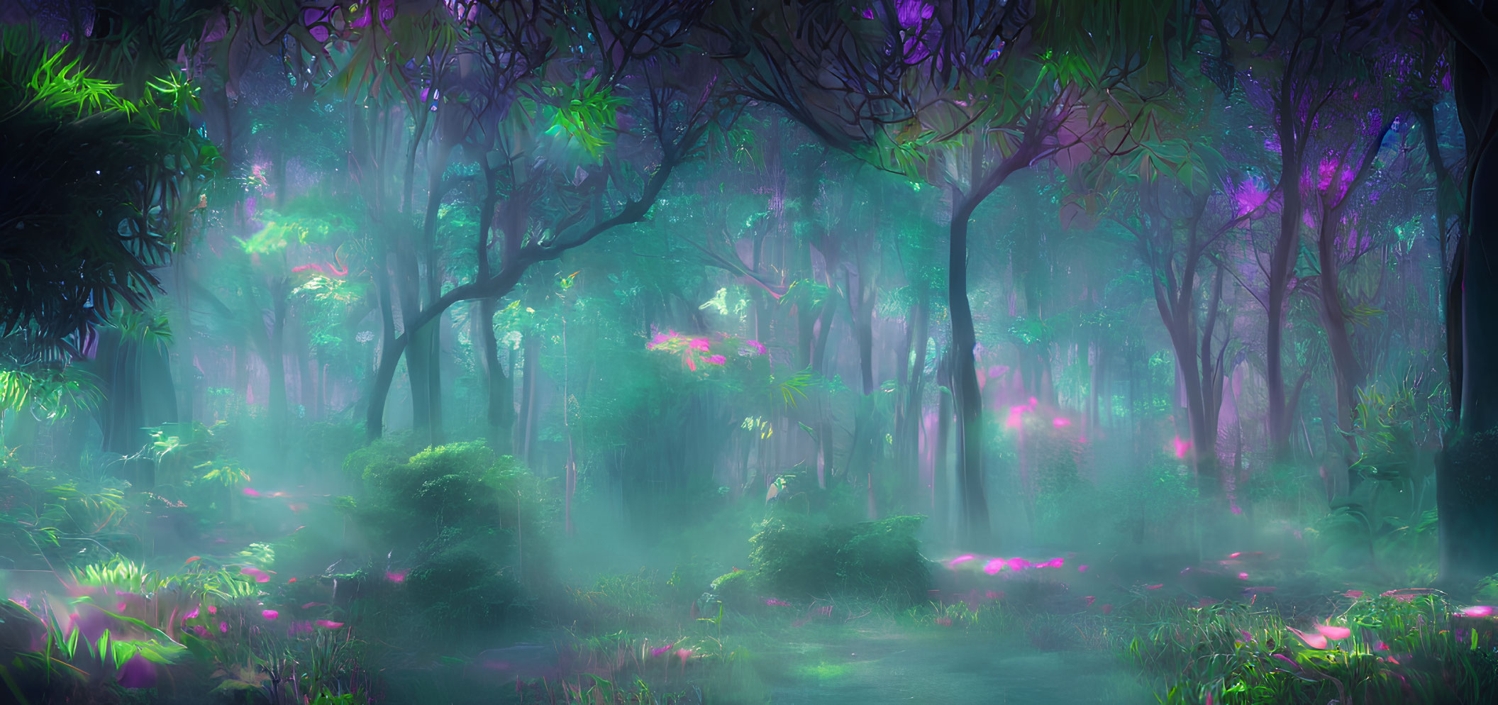 Ethereal purple and green lights in mystical forest