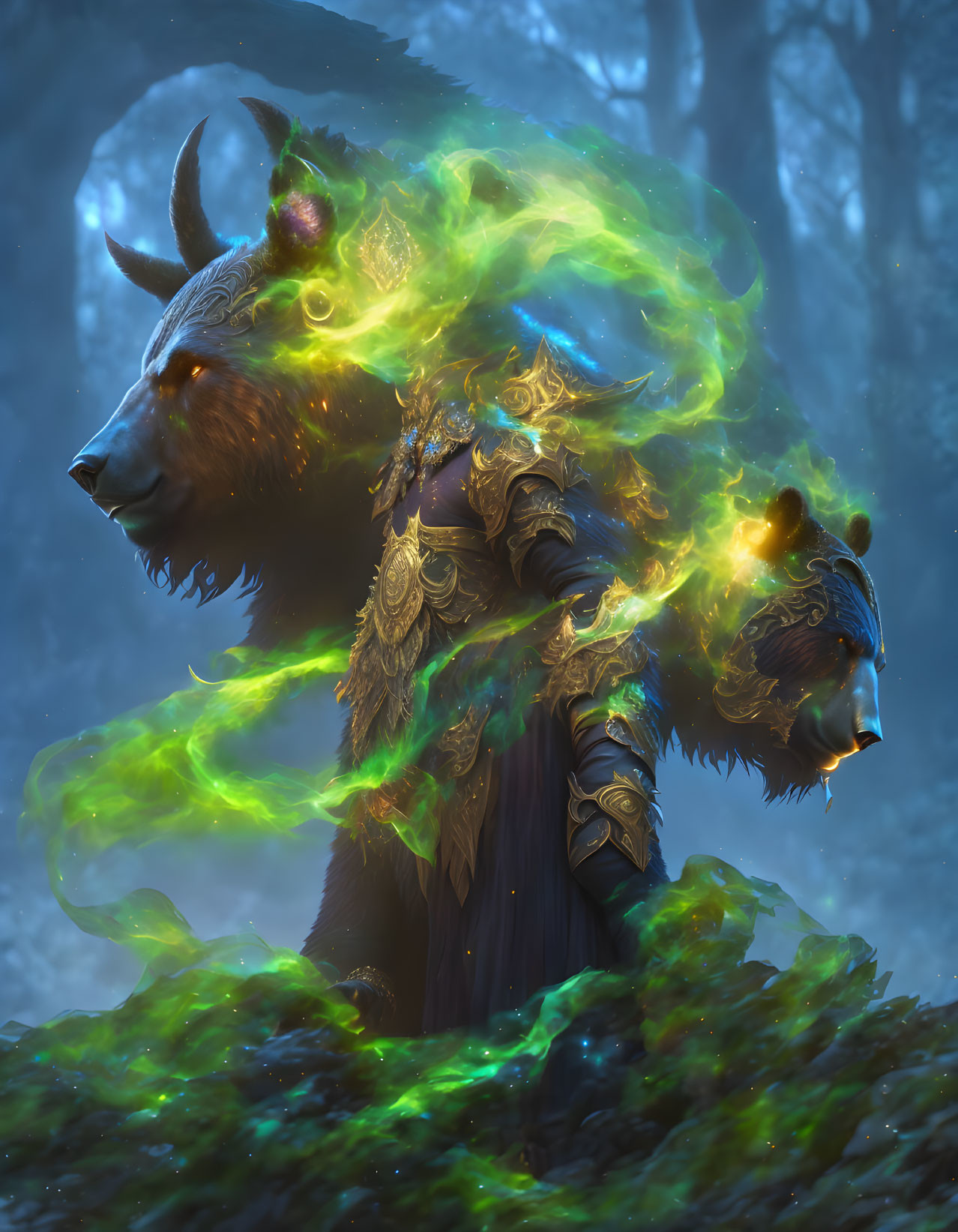 Ethereal bear-headed warrior in enchanted forest with green wisps