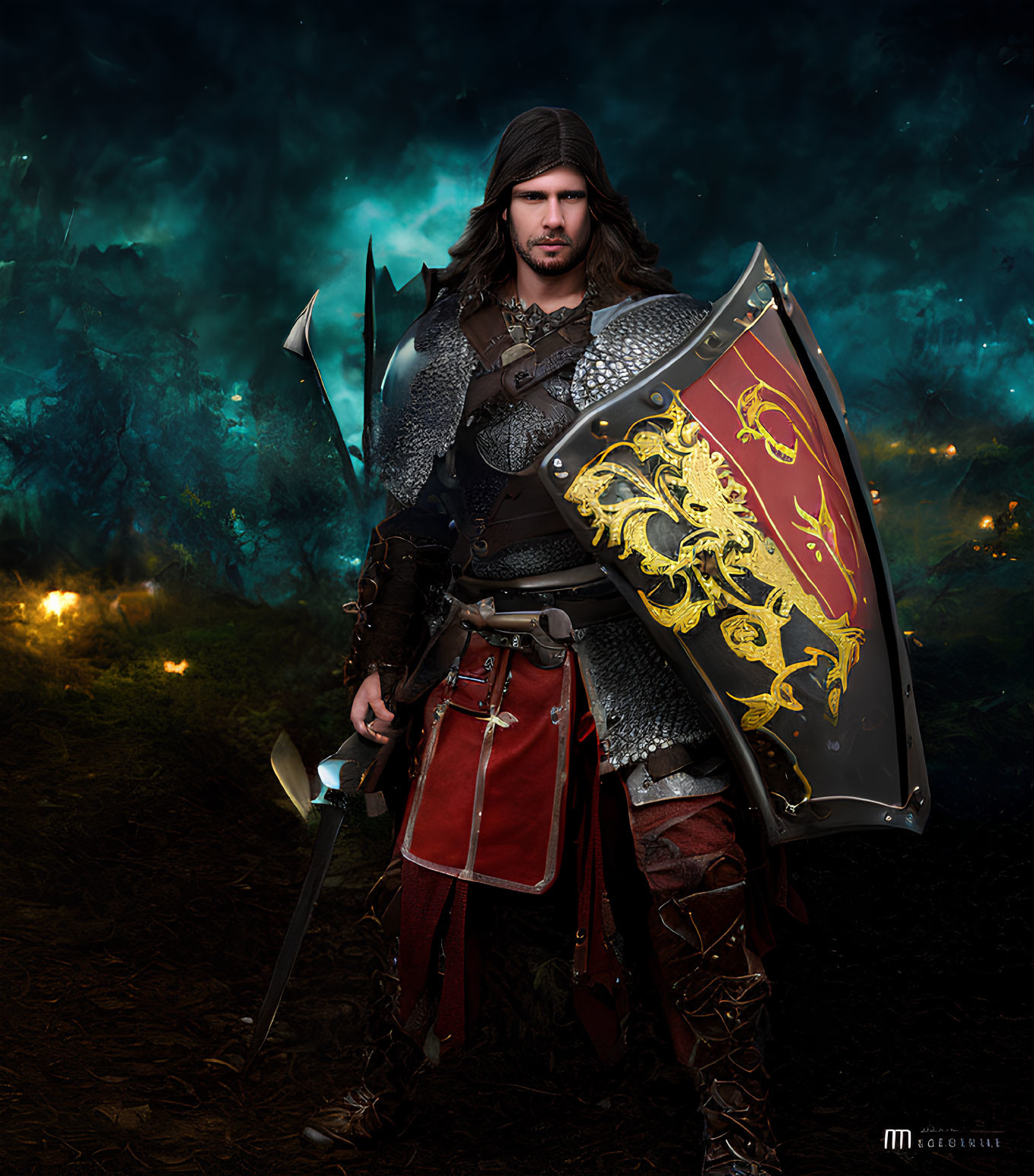 Medieval warrior with shield and axe in dark enchanted forest