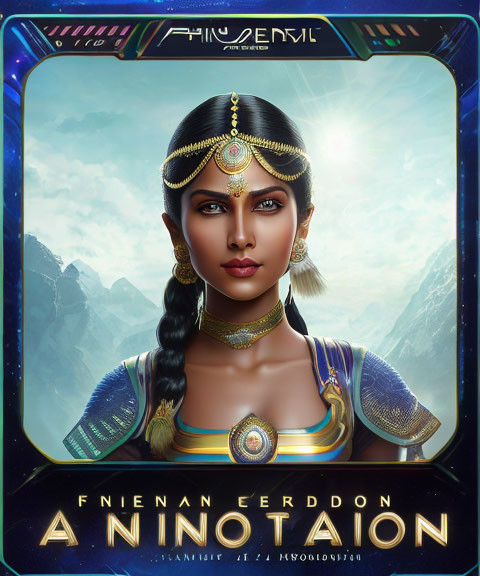 Digital artwork of futuristic Egyptian queen with gold and blue jewelry against mountainous backdrop