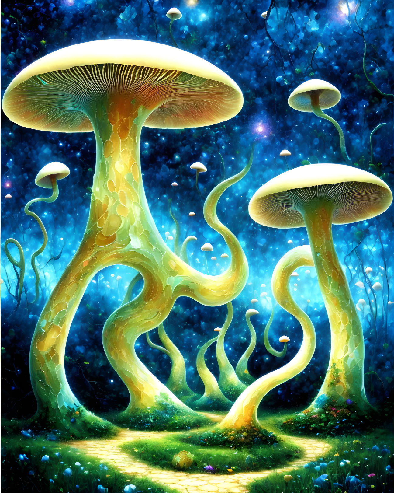 Enchanted forest scene with oversized glowing mushrooms