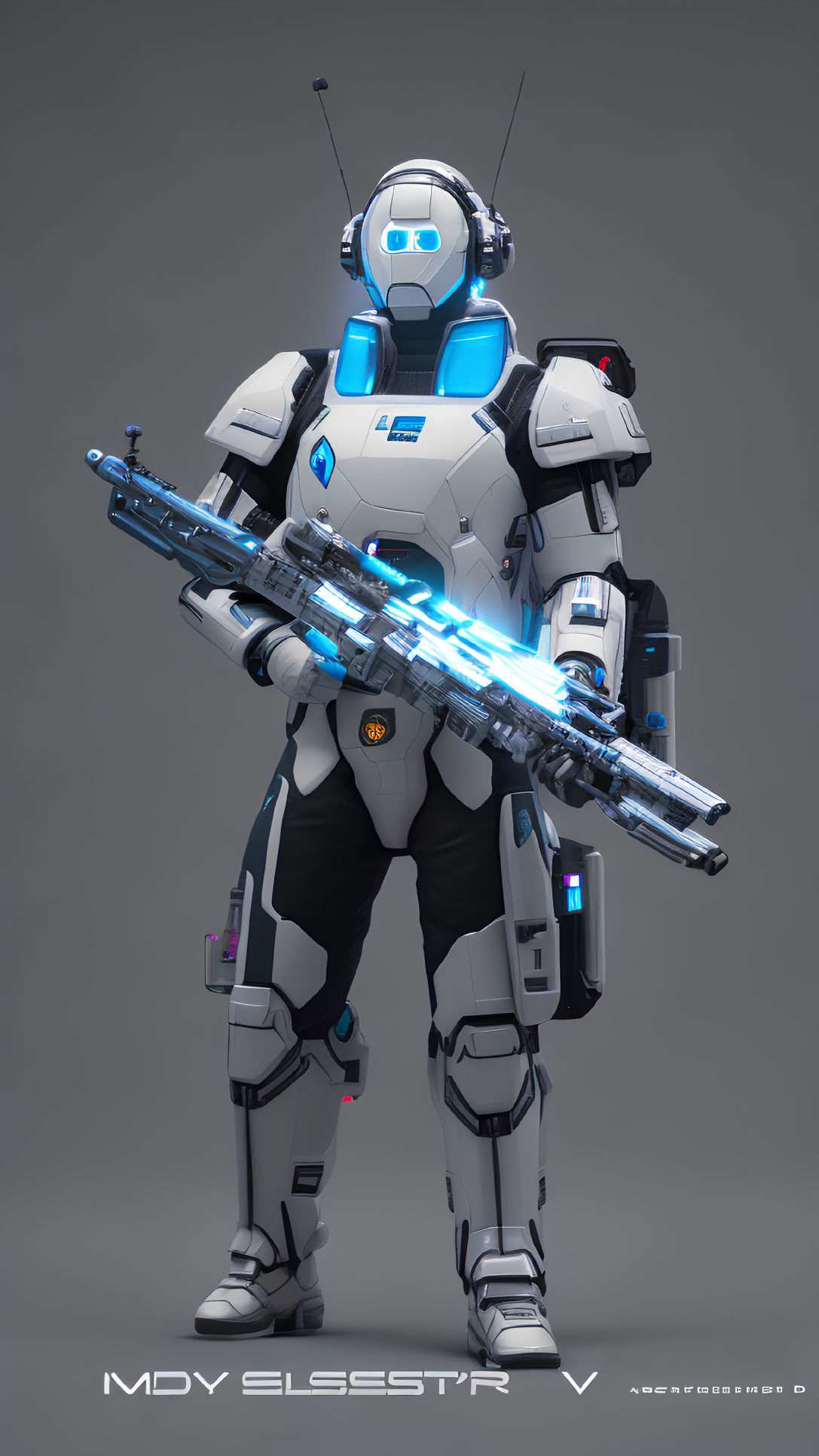 Futuristic robot in white and blue armor with energy weapon & glowing eyes