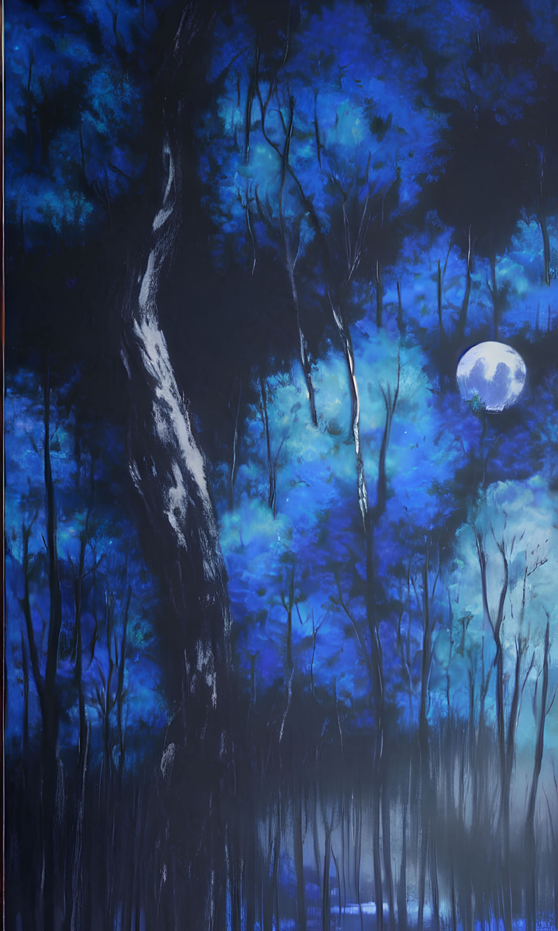 Mystical blue forest with full moon and white birch