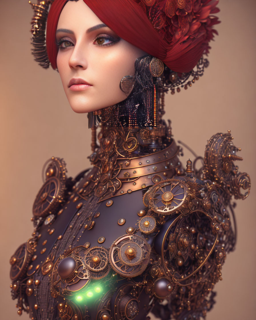 Woman in Red Headscarf in Steampunk Attire with Victorian-Futuristic Fusion