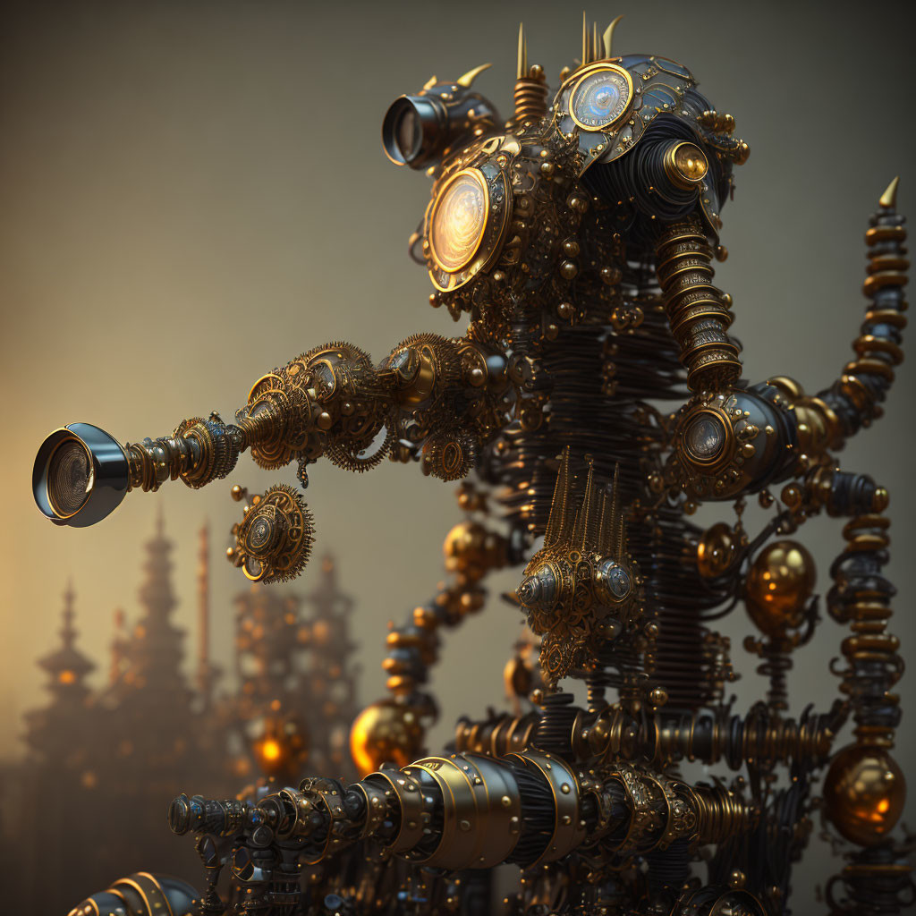 Intricate Steampunk Robot Design with Bronze Color Palette