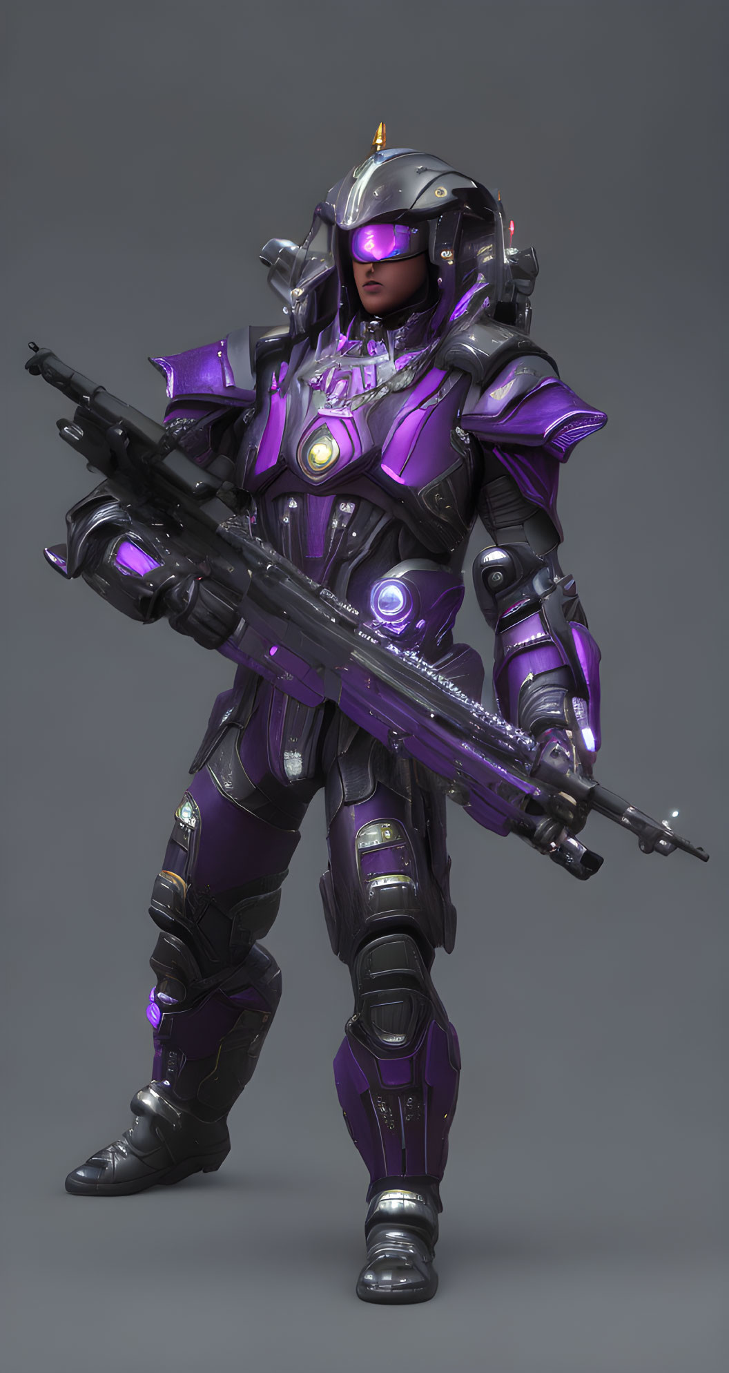 Futuristic soldier in purple and black armor with high-tech rifle