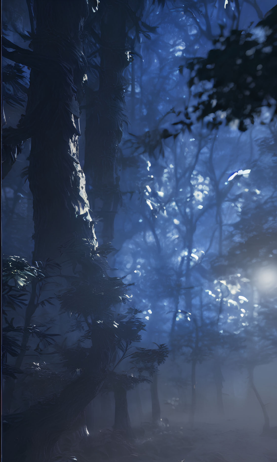 Moonlit forest with dense trees and shimmering light in misty ambiance