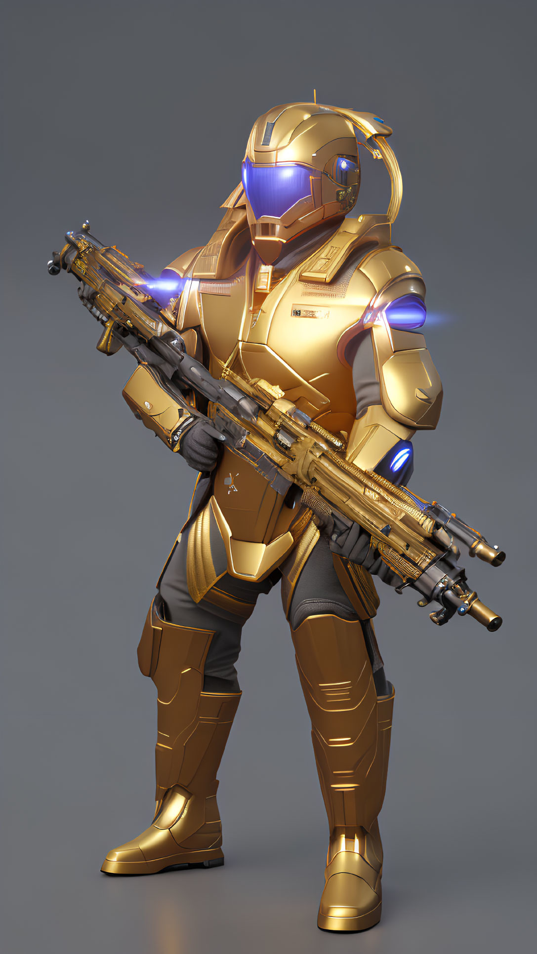 Futuristic soldier in golden power armor with high-tech rifle