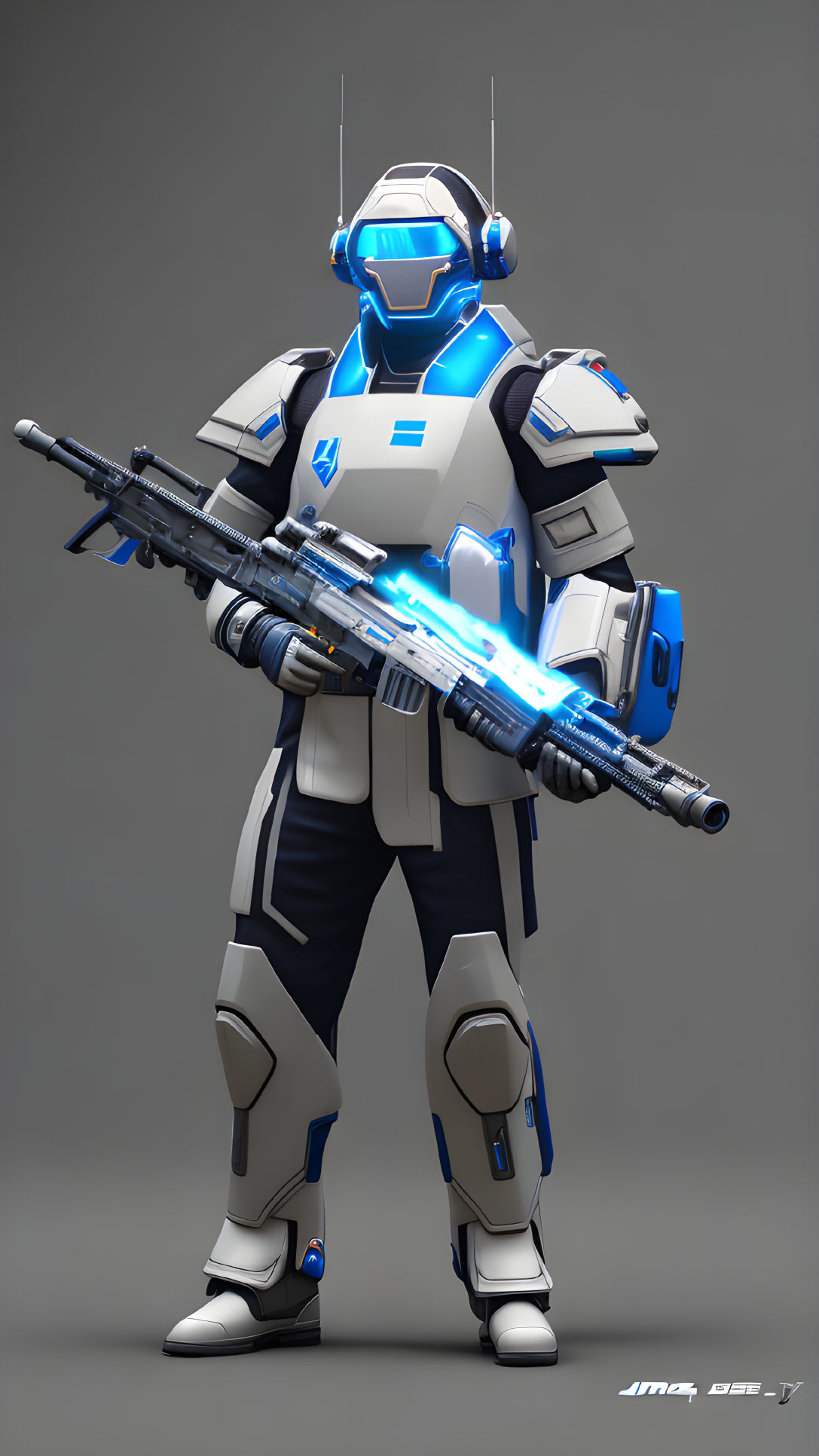 Futuristic soldier in white and blue armor with sci-fi rifle on grey backdrop