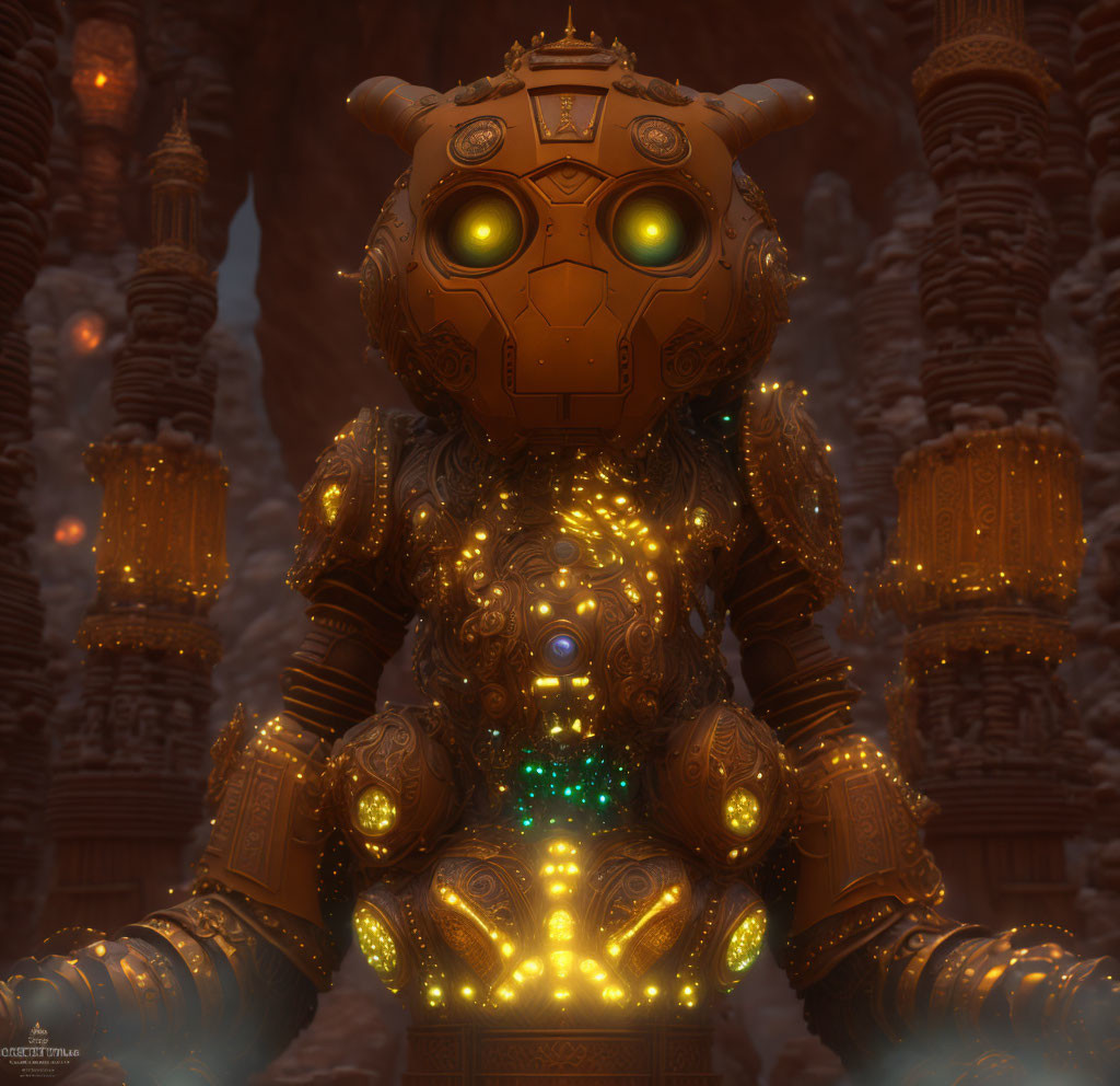 Ornate Robot with Glowing Eyes Amid Urban Landscape