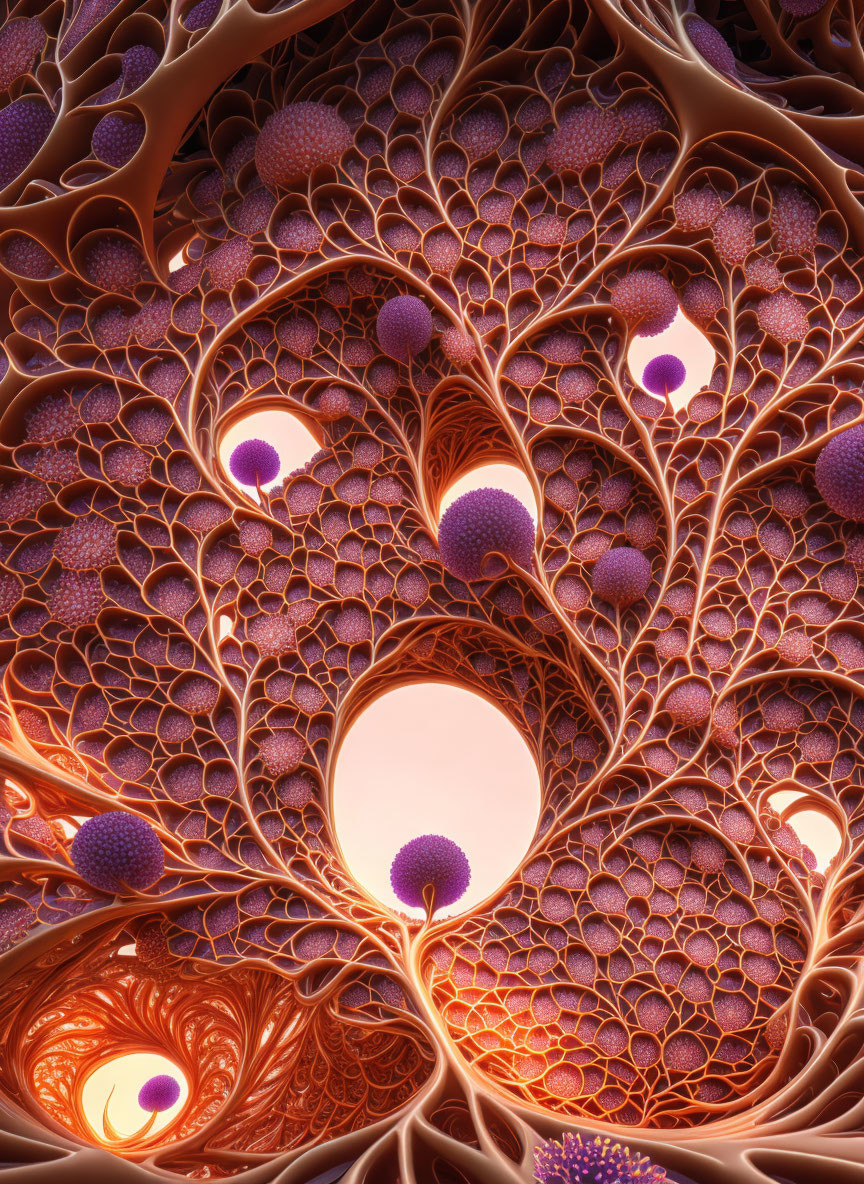 Intricate Fractal Patterns with Spherical Shapes in Orange and Purple