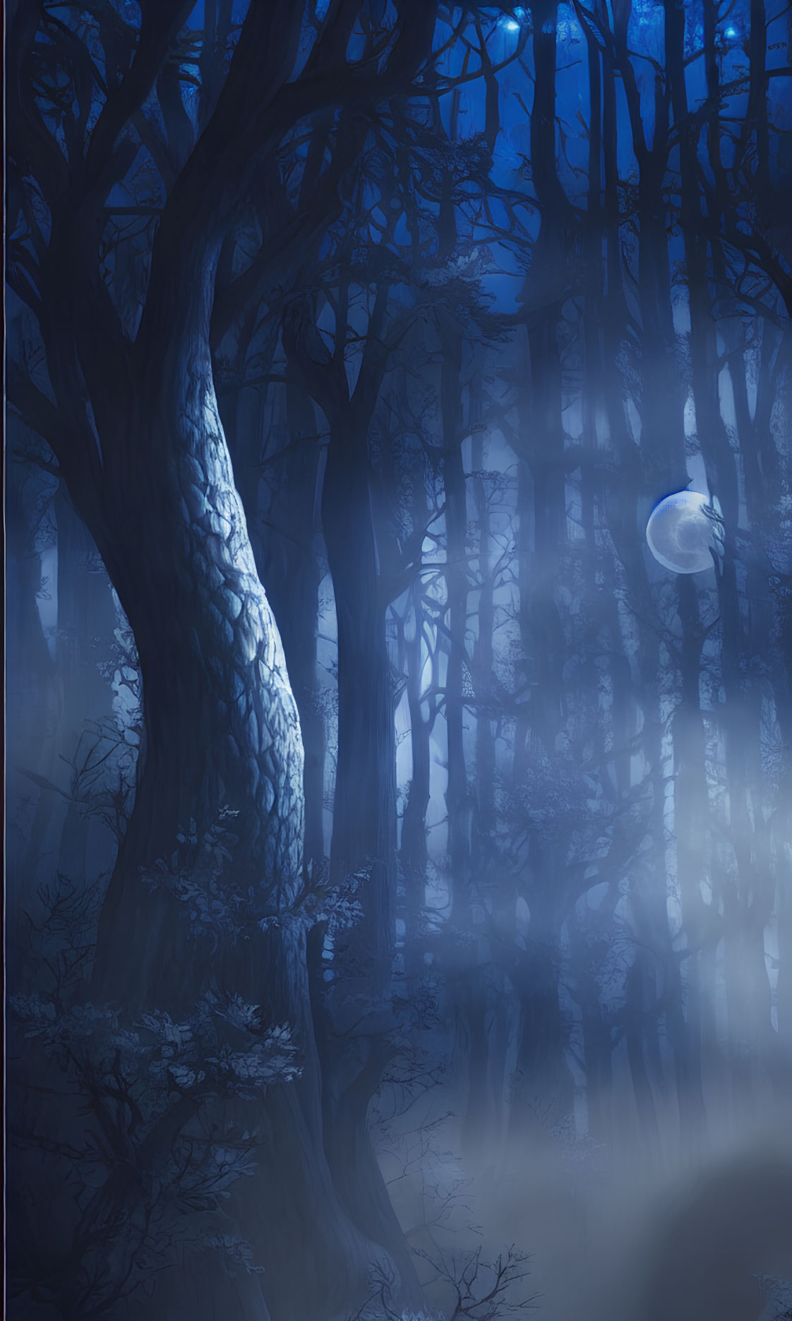 Mystical Blue Forest with Twisted Trees and Full Moon