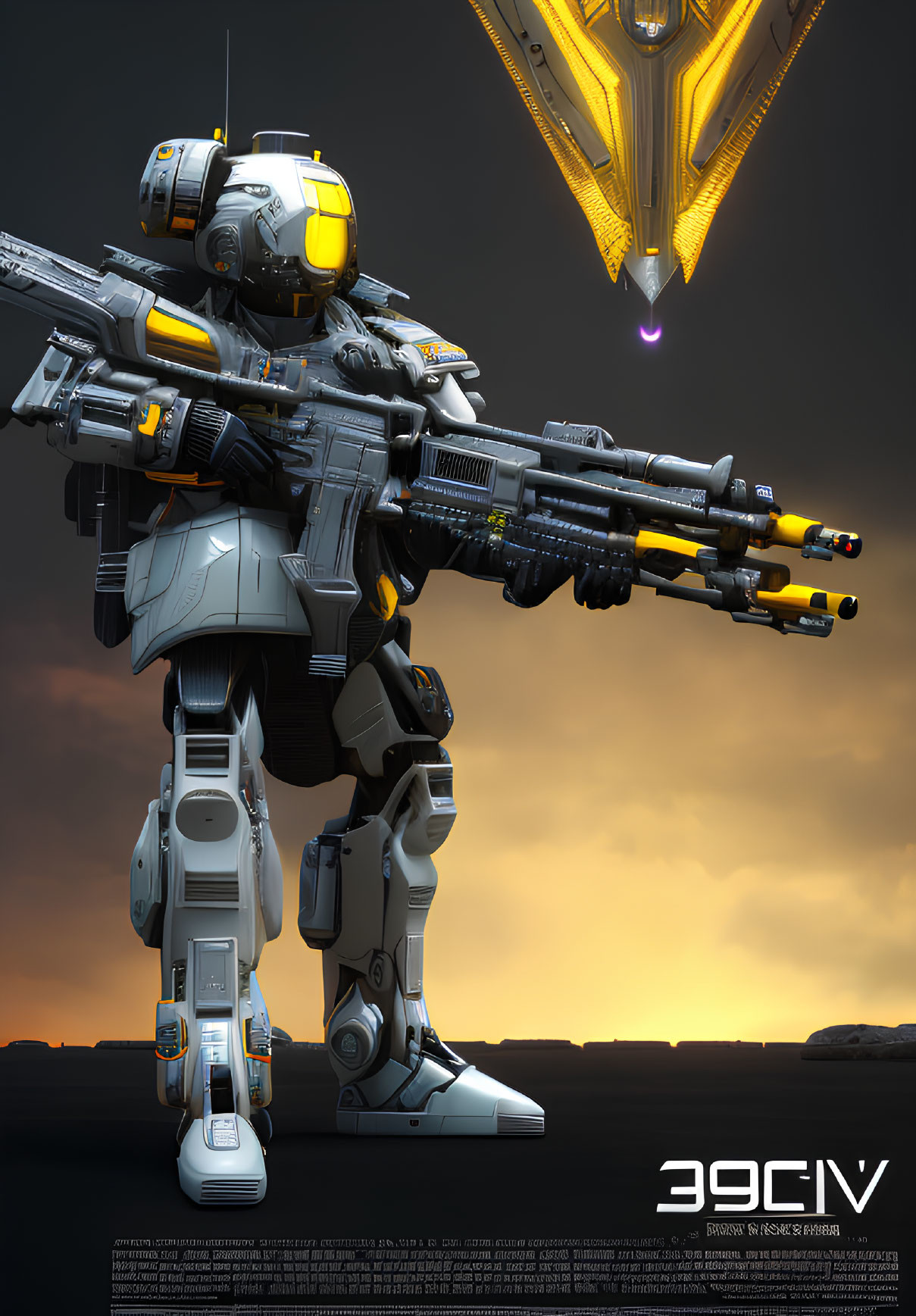 Detailed mech with weapons on desert terrain at dusk, spaceship descending in orange sky