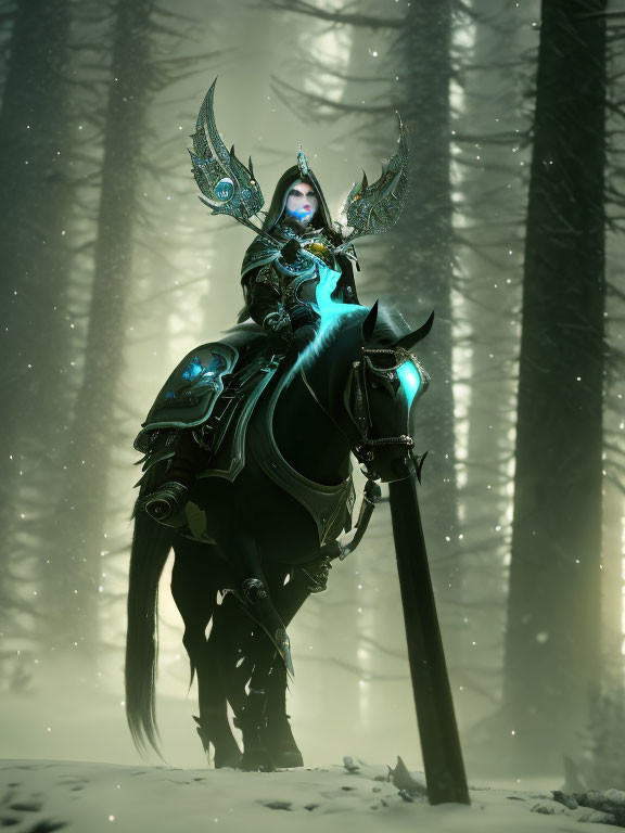 Majestic figure in ornate armor on black horse in snowy forest