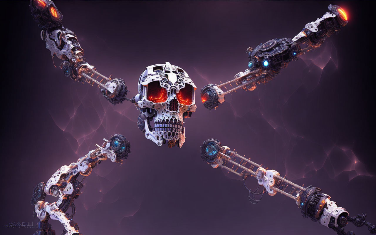 Digital Artwork: Skull with Glowing Red Eyes and Mechanical Arms on Dark Electric Background