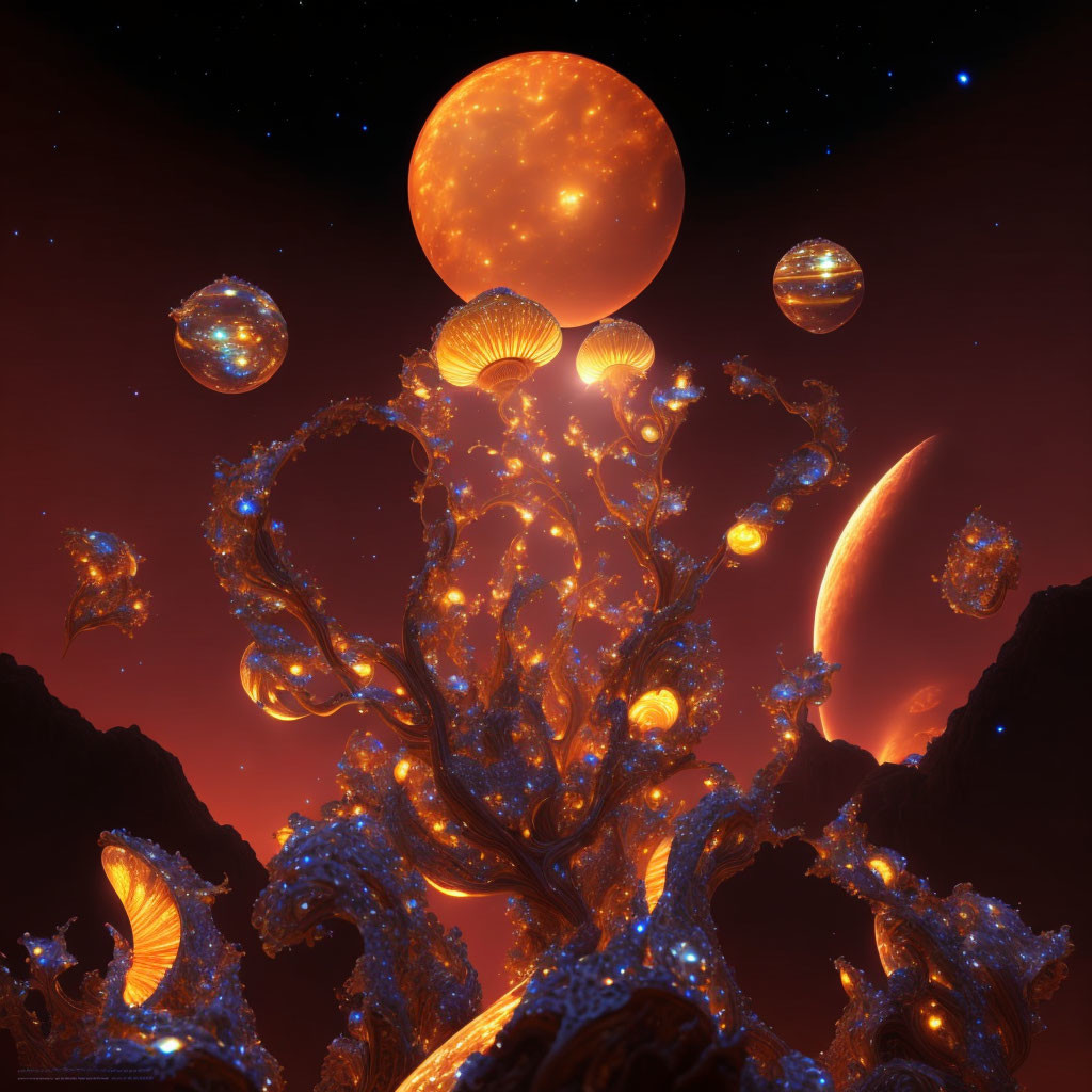 Ornate golden structures and glowing orbs in cosmic scene