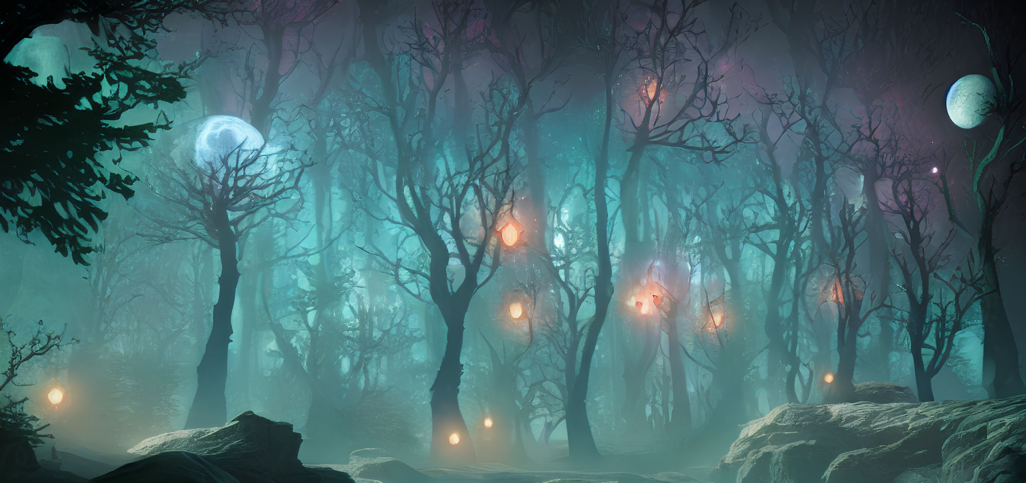 Misty forest with bare trees, orbs, and twin moons in twilight