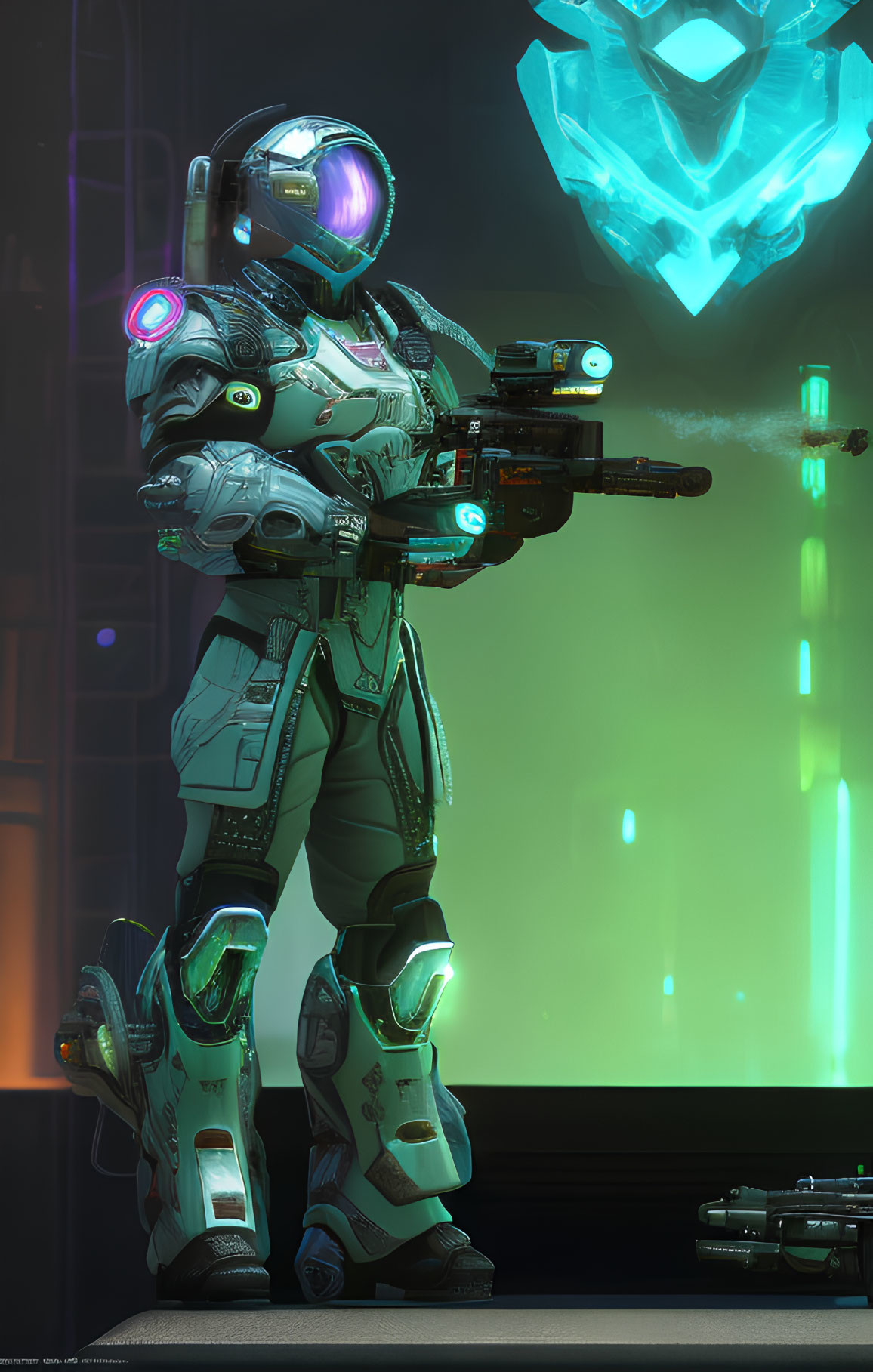 Armored soldier with blaster and neon lights beside blue crystal