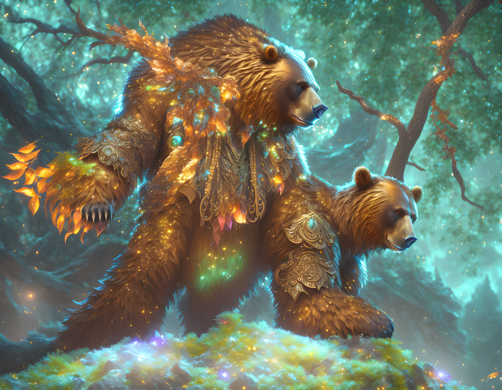 Golden-armored bears in enchanted forest.