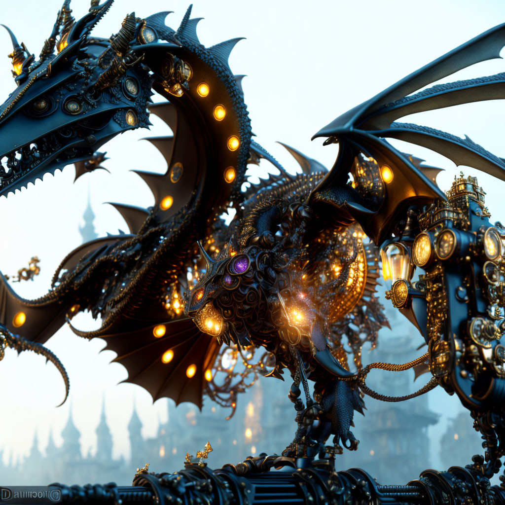 Detailed Steampunk Dragon with Metallic Scales and Glowing Orbs