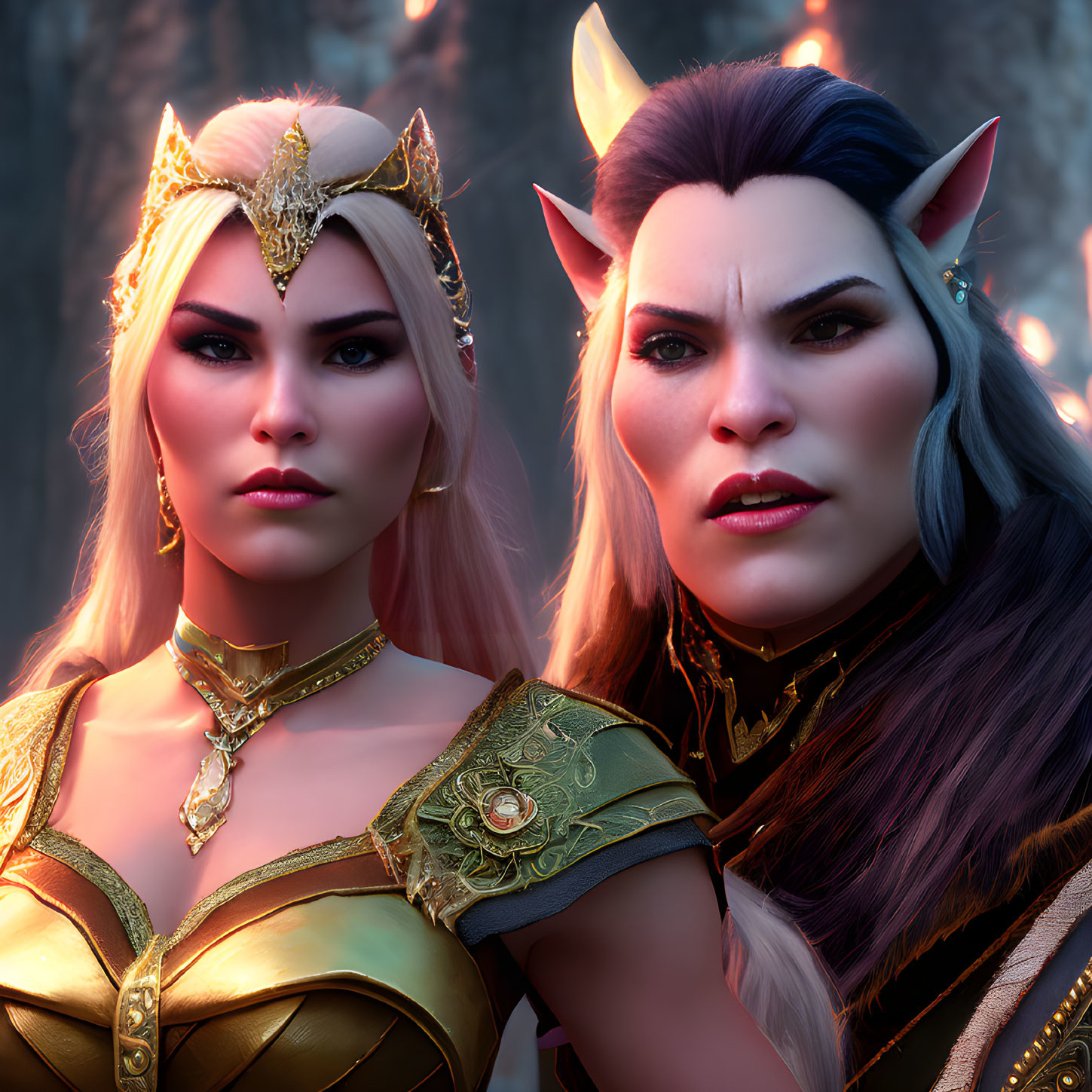 Two female elf-like characters in ornate crowns and golden armor in a dusky forest setting