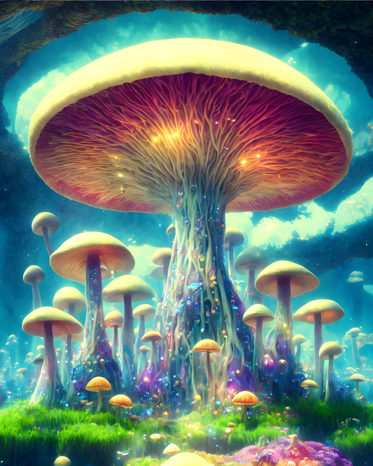 Fantastical forest of glowing oversized mushrooms in mystical blue light