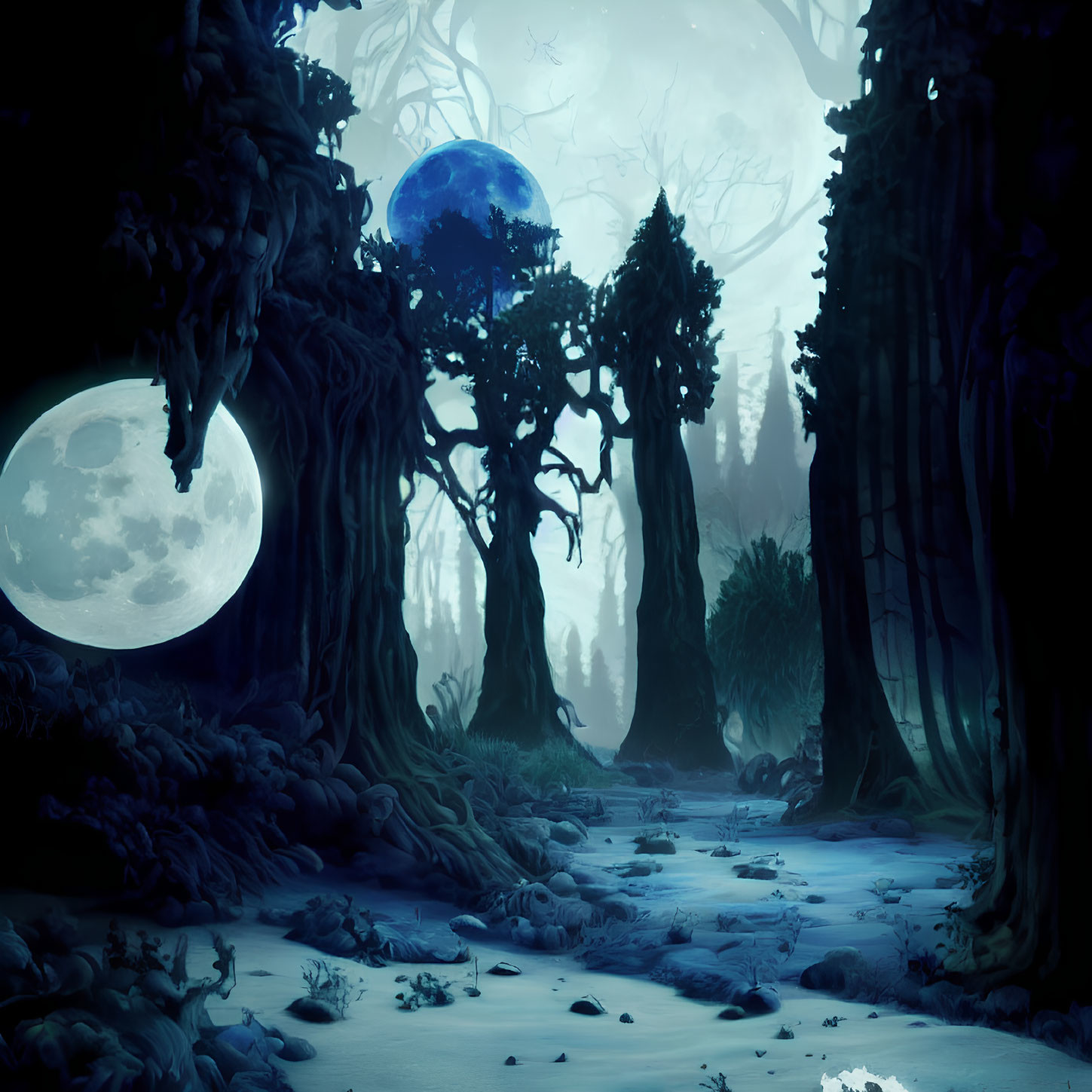 Enchanting night forest with two moons and shadowy trees