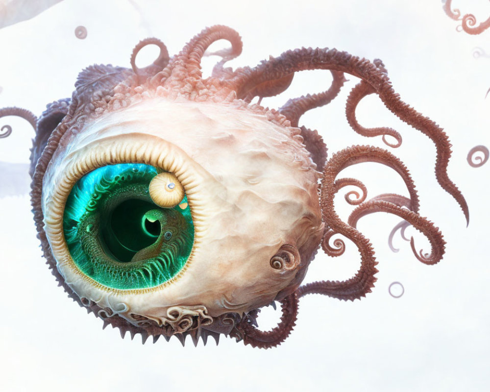 Fantastical creature with large eye, spiraling pupil, gear-like textures, tentacles, cloudy