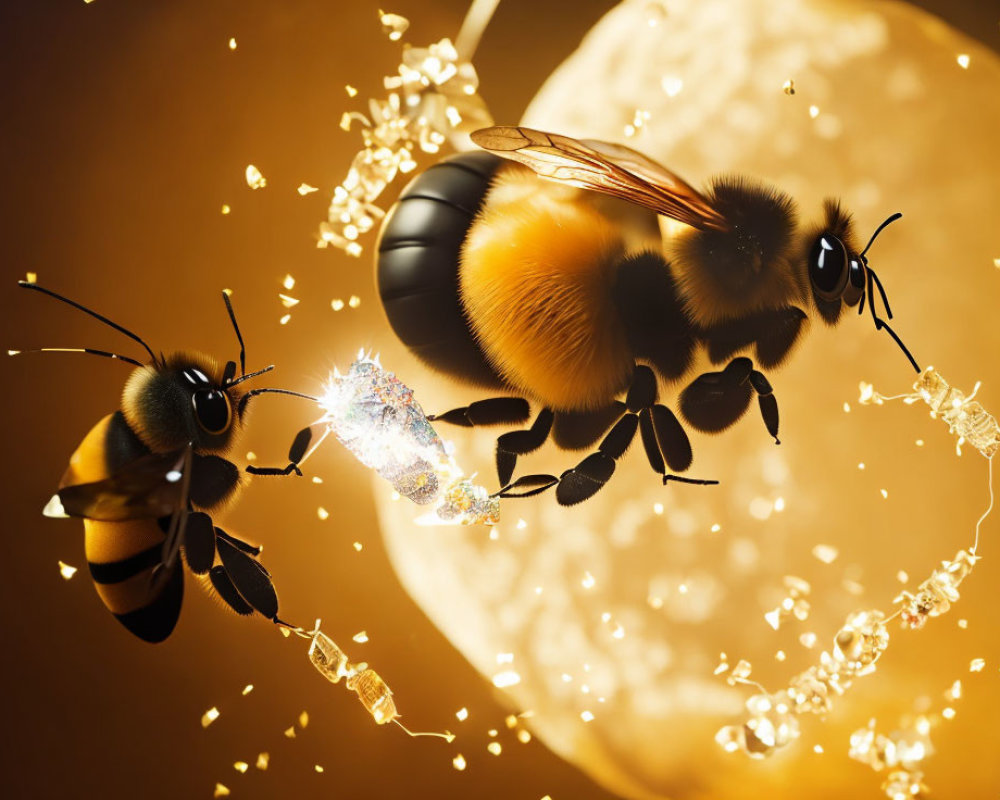 Bees flying near honeycombs on golden background